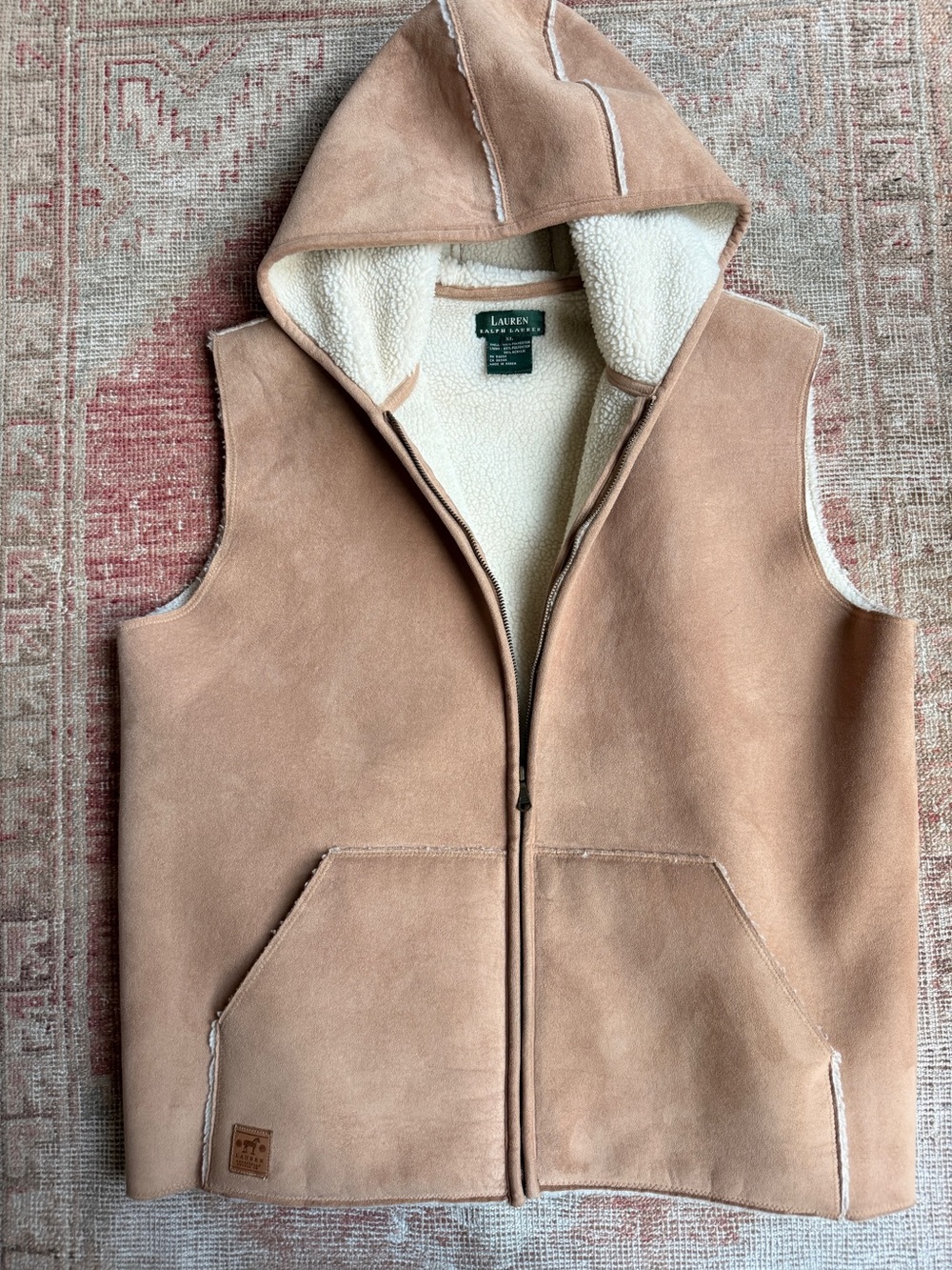 Ralph Lauren Suede Hooded Vest in Tan with Cream Lining